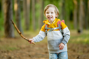 Cute little boy with a backpack having fun outdoors on sunny summer day. Child exploring nature....