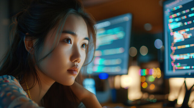 Innovative Young Asian Developer Debugging Code at Night