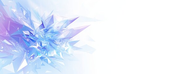 Banner of abstract, sleek design of transparent glass shards in shades of blue, pink, purple on white background. Contemporary design of cold colored polygons, visual composition.