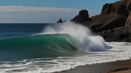 Majestic ocean waves crashing against rocky coastline during a sunny day at the beach