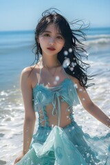 A woman in a blue dress standing in the water