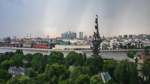 View of the Moskva River, the monument to Peter the Great and the Museon Park in the center of the Russian capital during a thunderstorm on a cloudy summer da