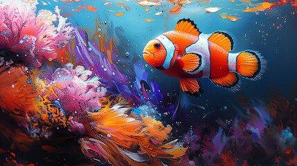 Vibrant clown fish swimming in a colorful underwater