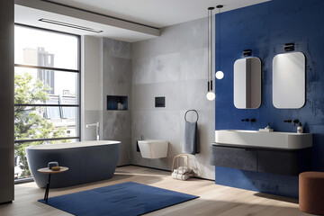Contemporary modern bathroom interior in light blue colors, concrete and marble elements.
