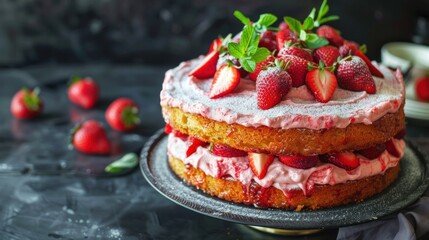 Fresh and hot strawberry cake made of strawberries and mint. Vegan fruit sponge cake - obrazy, fototapety, plakaty