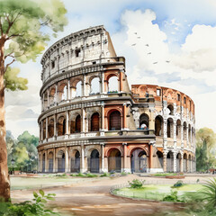 Fototapeta na wymiar Watercolor colosseum, clipart Illustration, Generative Ai