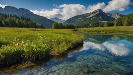 Scenic Mountain River With Green Grass And Blue Sky In The Alps