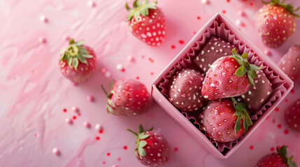 Glazed strawberries with sprinkles in a gift box on a pink background. Summer dessert. Toip view. Copy space. 