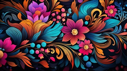 Fototapeta na wymiar Colorful Floral Illustration with Intricate Swirls and Vibrant Design Patterns