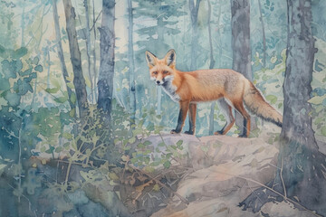 Fototapeta premium A detailed painting showing a fox in a forest setting, surrounded by trees and foliage