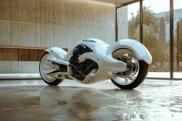 A futuristic white motorcycle is parked in a room with a large window