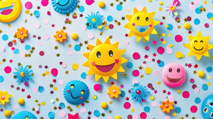 Blue and yellow background with a sun shining brightly and stars twinkling in the sky