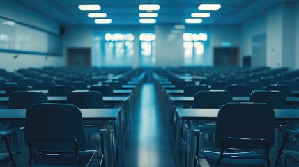Empty defocused university classroom. generative ai. Business conference room. Blurred school classroom without students with empty chairs and tables