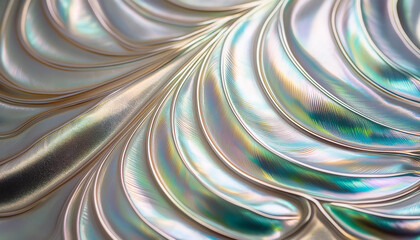 Glossy and shiny mother of pearl background. Abstract feather shapes in iridescent and pearly relief.