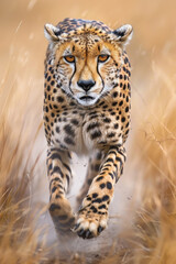 A cheetah is sprinting through a field of tall grass