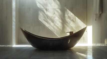 an immersive 4K image showcasing a modern floating bathtub design, suspended from the ceiling with invisible supports, creating a sense of weightlessness 