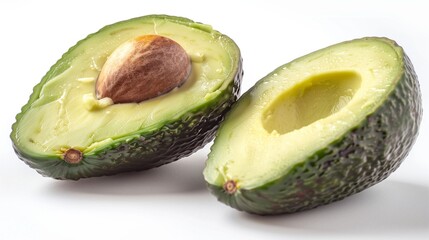 Fresh Cut Avocado Half on Bright White - Detailed Texture of Green Avocado