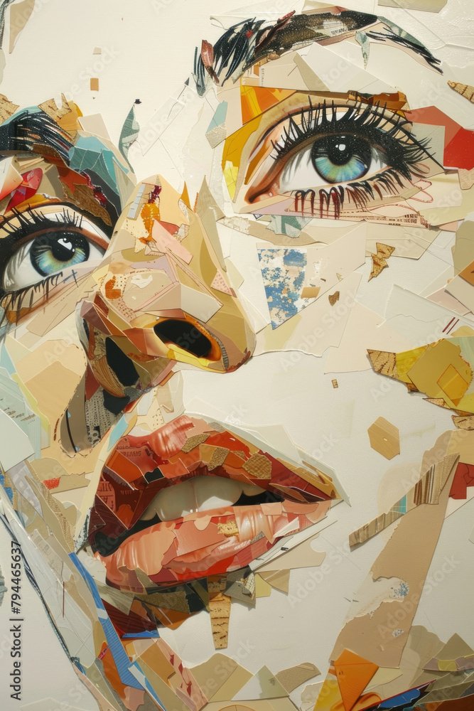 Poster close up of a womans face meticulously created using various pieces of paper, highlighting intricate