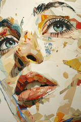 Close up of a womans face meticulously created using various pieces of paper, highlighting intricate details and textures