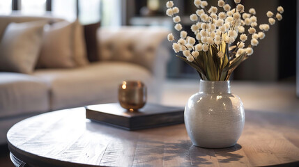 A gray ceramic vase filled with white flowers and green leaves sits on a round wooden table in a softly lit room, with a blurred sofa in the background and a small copper candle