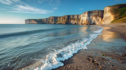A serene coastal scene, with gentle waves lapping against sandy shores, framed by rugged cliffs and...
