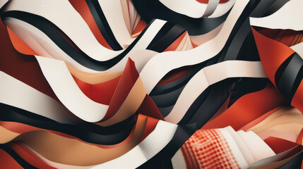 A detailed view of an abstract painting featuring bold black, white, and red colors in a dynamic composition