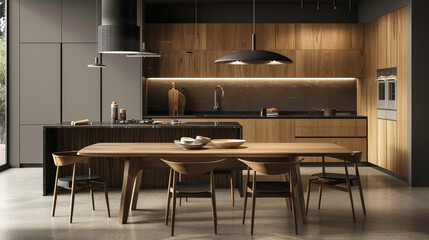 A modern kitchen boasting a spacious layout, complete with contemporary wooden table and chairs set against a stylish dark wall.