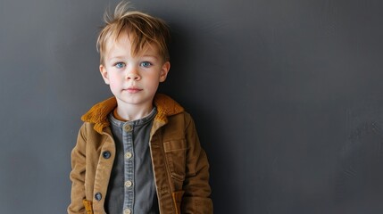 little boy in casual outfit on gray background