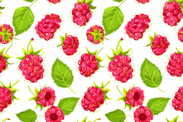 A vibrant and lively seamless pattern featuring luscious raspberries and lush green leaves, ideal for a variety of design uses from fabric to packaging