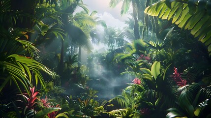 an immersive 8K image showcasing a lush tropical rainforest, with towering palm trees, exotic ferns, and vibrant bromeliads creating a verdant tapestry of life and color