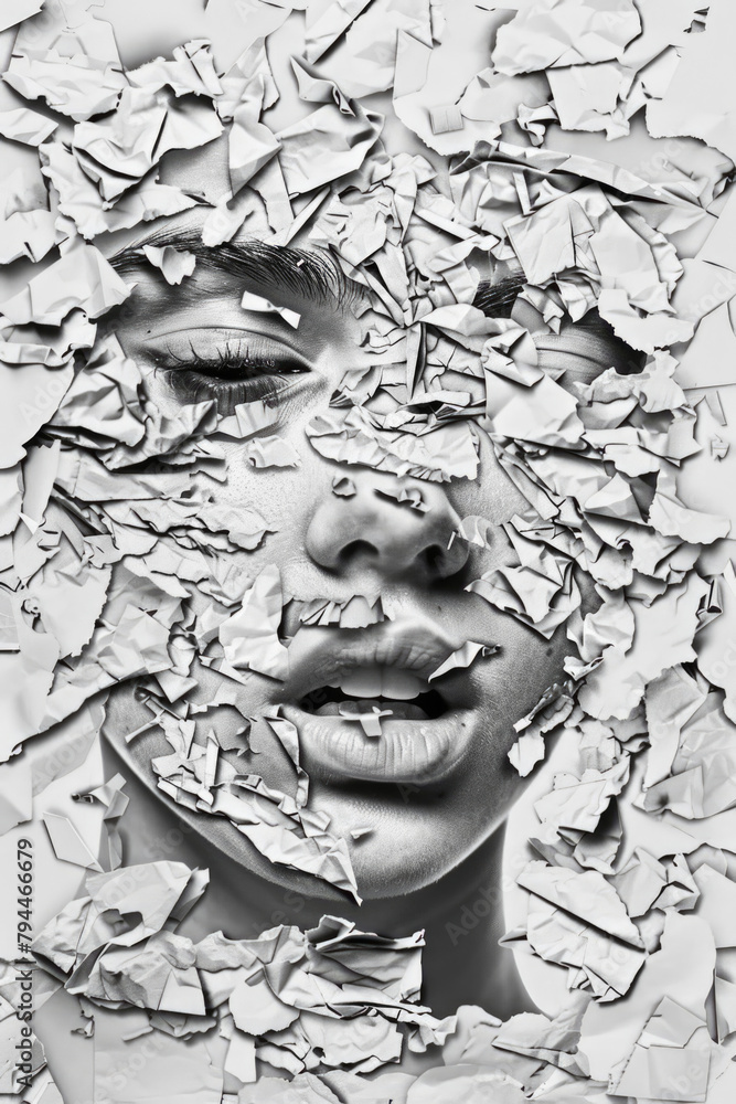 Poster a black and white image of a womans face surrounded by shattered glass, creating a stark and intense