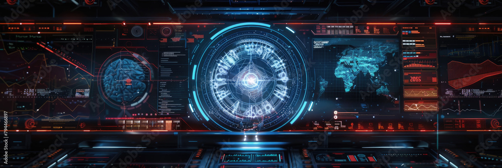 Poster a sci-fi setting featuring advanced technology, glowing lights, and futuristic architecture in a sur