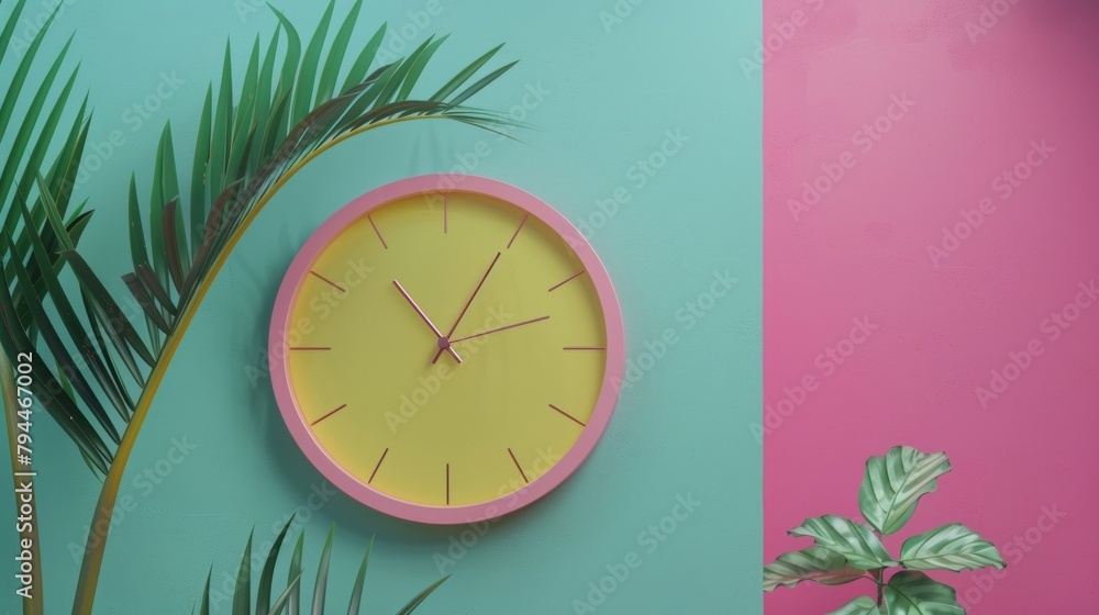 Poster blank mockup of a colorful and abstract wall clock perfect for adding a pop of color to any room. .