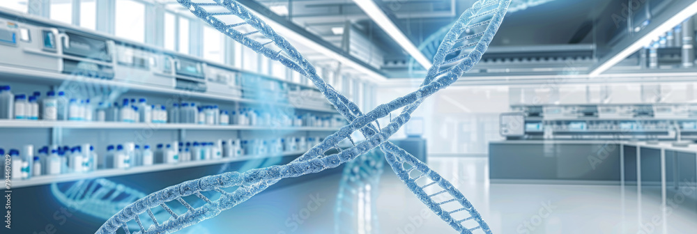 Poster a digital 3d model of a dna helix is highlighted within a futuristic lab environment, symbolizing ad