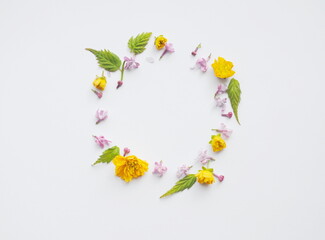 Frame, wreath of lilac flowers and yellow spring flowers on a white background. Place for text, copy, background, backdrop. Festive, wedding concept.