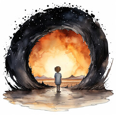 Watercolor Man standing around a huge black hole in a desert, clipart Illustration, Generative Ai