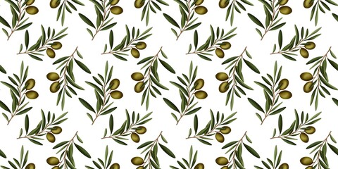 Olive branch with leaves an olives summer spring seamless repeating pattern, green fresh minimalistic floral design element, floral line contour high quality illustration