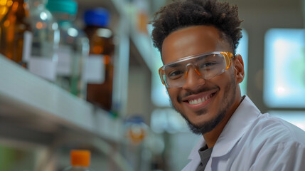happy young man wearing lab coat and protective goggles working in a pharmaceutical factory - Powered by Adobe