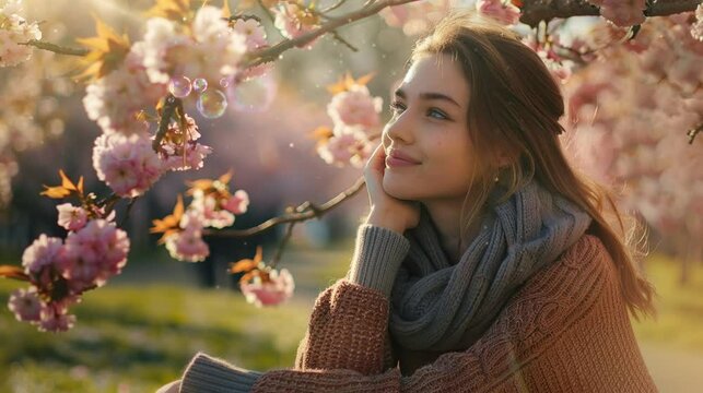 a beautiful girl who is sitting in a very beautiful cherry blossom garden. seamless looping time-lapse virtual 4k video Animation Background.