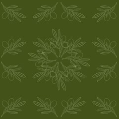 Olive branch with leaves an olives summer spring seamless repeating pattern, green fresh minimalistic floral design element, floral line contour high quality illustration