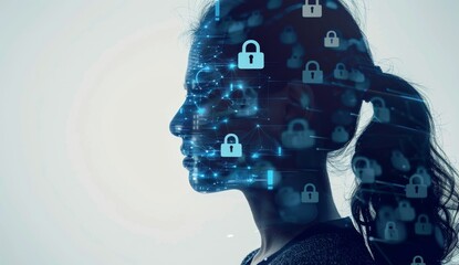 profile view of an Indian woman's head with digital padlock icons floating around her symbolizing the security protection that AI technology provides in the datascape a white background Generative AI