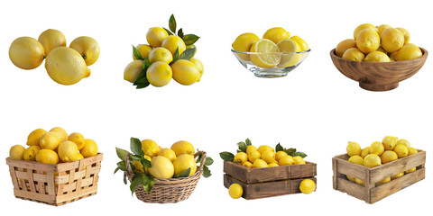 Set of Lemon png mockup in 3d without backoground for decoration.