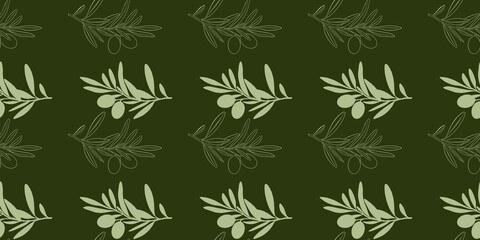 Olive branch with leaves an olives summer spring seamless repeating pattern, green fresh minimalistic floral design element, floral line contour high quality illustration