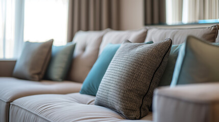 A close-up view of a modern sofa with various cushions in soft neutral colors. The blurred background and the gentle natural light coming through the window suggest a comfortable and tranquil setting.