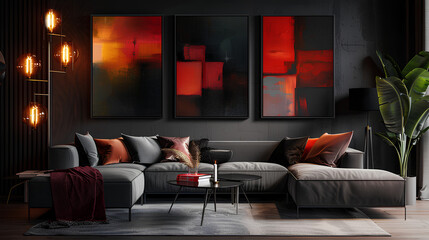 Living room with 3 three accent canvas square painting picture. Frames for art on a black wall. Gallery in dark colors with a gray sofa or couch. Rich exhibition mockup layout triptych