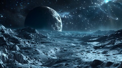 A surreal lunar landscape, with barren, otherworldly terrain stretching to the horizon under a star-filled sky 8k wallpaper  