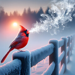 A vibrant red cardinal is perched on a frost-covered fence, with musical notes flowing from its beak into the chilly air