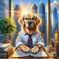 An anthropomorphized golden retriever sitting behind an office desk as if it were a business professional, complete with a shirt, tie, glasses, and wristwatch