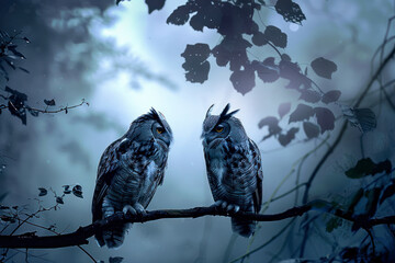 Two owls hoot softly to each other in the dim light of the forest.