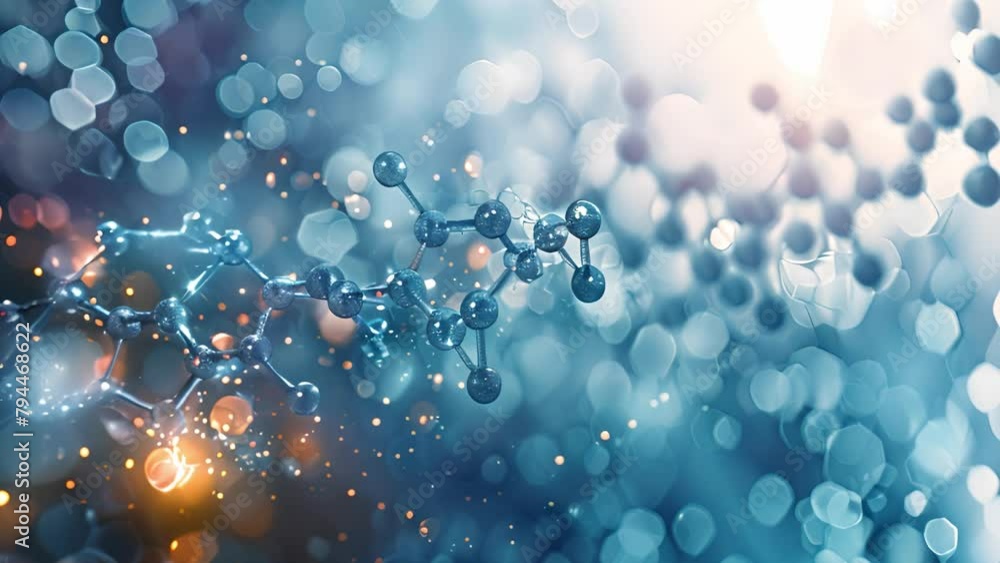 Fototapete Abstract Representation of Molecular Structure in a Blue Bokeh Background